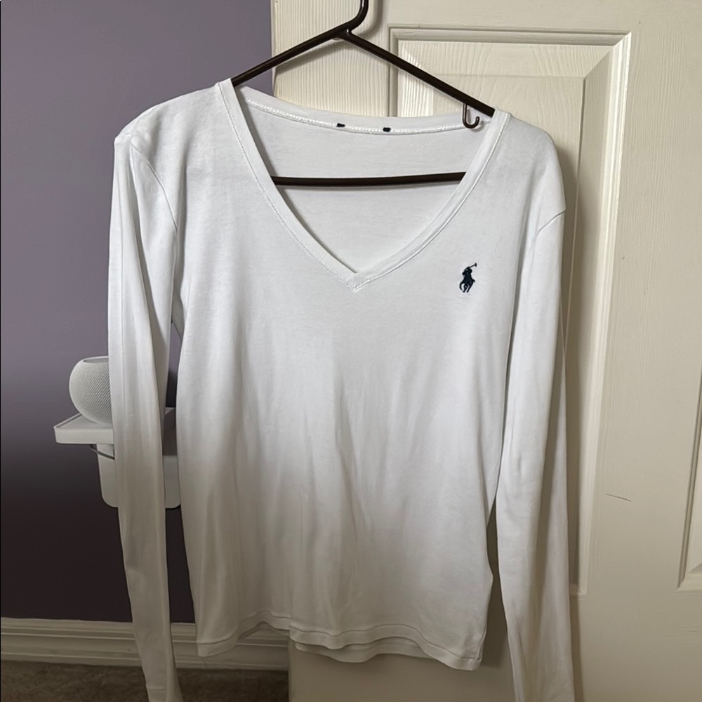 White V-Neck Polo Ralph Lauren Long Sleeve Tshirt